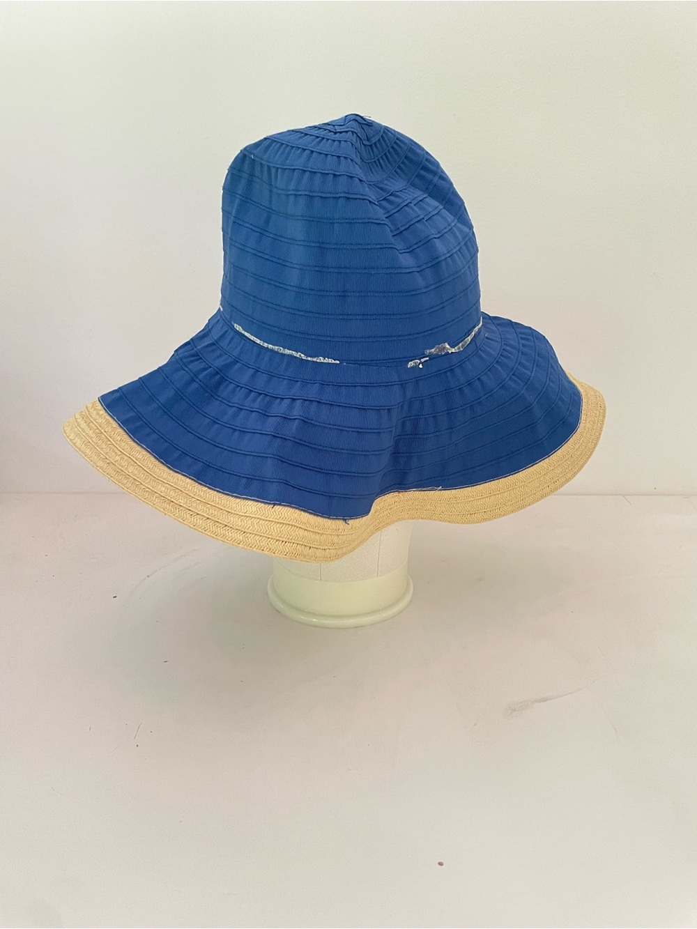 Blue Wide-Brim Sun Hat with Straw Trim